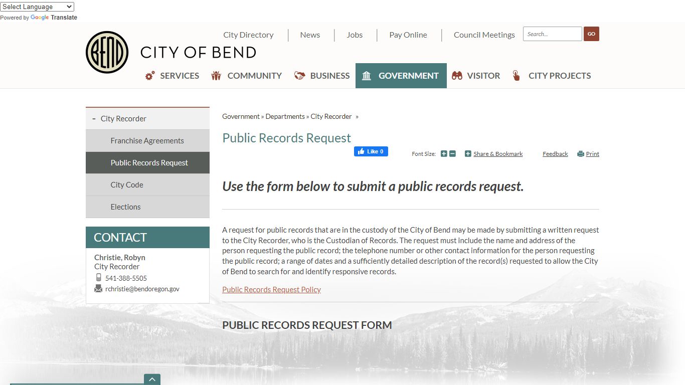Public Records Request | City of Bend - Bend, Oregon